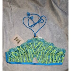 SAVAGE X FENTY Stranded In Lace Halter Bralette, Surf Blue, M